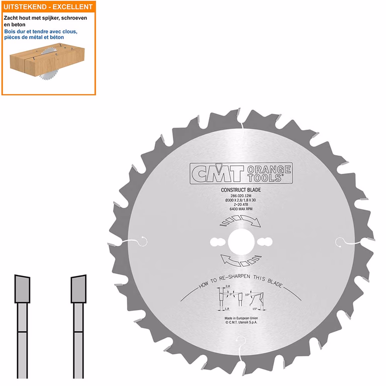 Bouw schulpzaag met hardmetalen tanden D=300mm K=2,8mm P=1,8mm Z20
