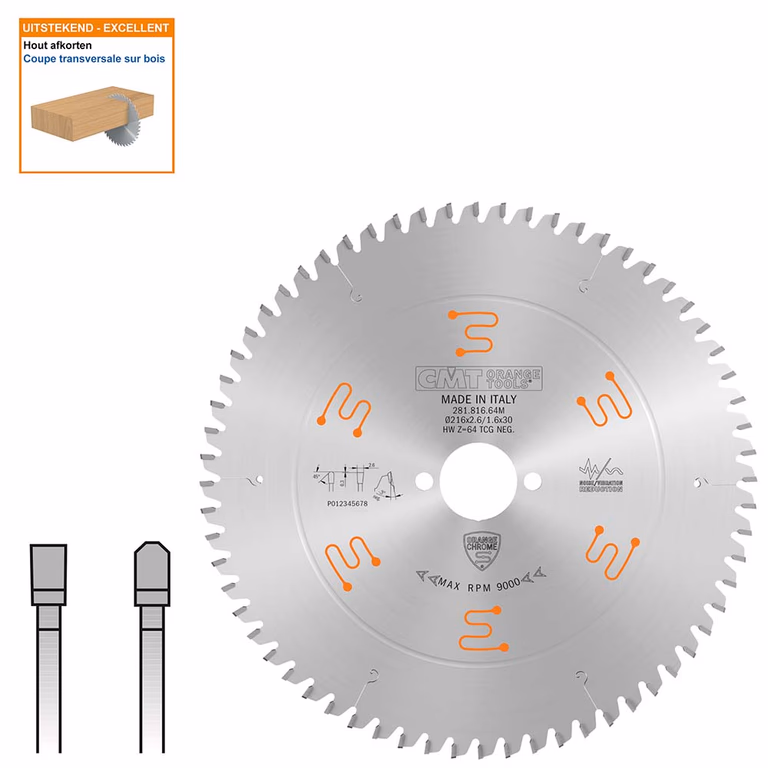 Plaat- en kunststof zaagblad met hardmetalen tanden D=216mm B=30mm P=1,6mm Z64