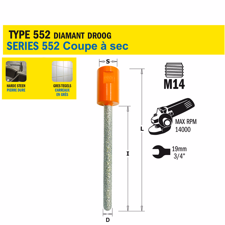 Gatzaag voor extreem harde materialen D=8mm S=M14 L=130mm I=100mm