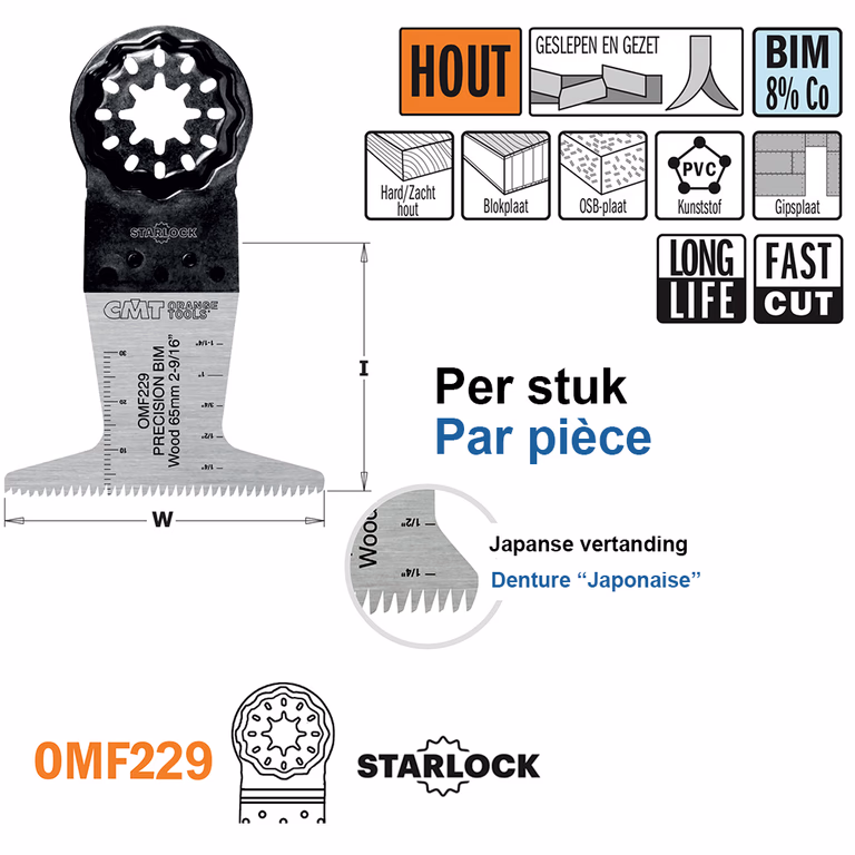 Multitoolzaagblad (Japanse vertanding) voor hout, 65mm I=40mm · OMF229-X1