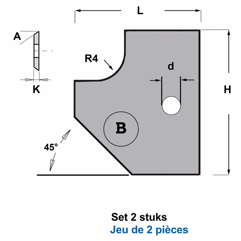 Profielmessen voor verstelbare afrond-/afschuinfrees B4 L=20mm K=2mm