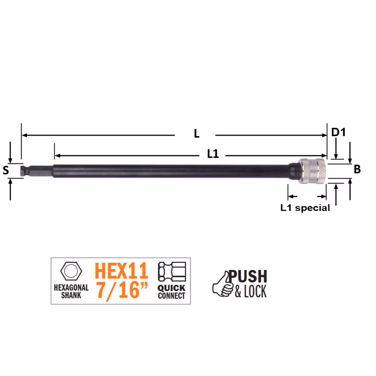 Verlengstuk met zeskantschacht aansluiting PUSH&LOCK S=HEX11 (7/16) L=300mm L1=270mm