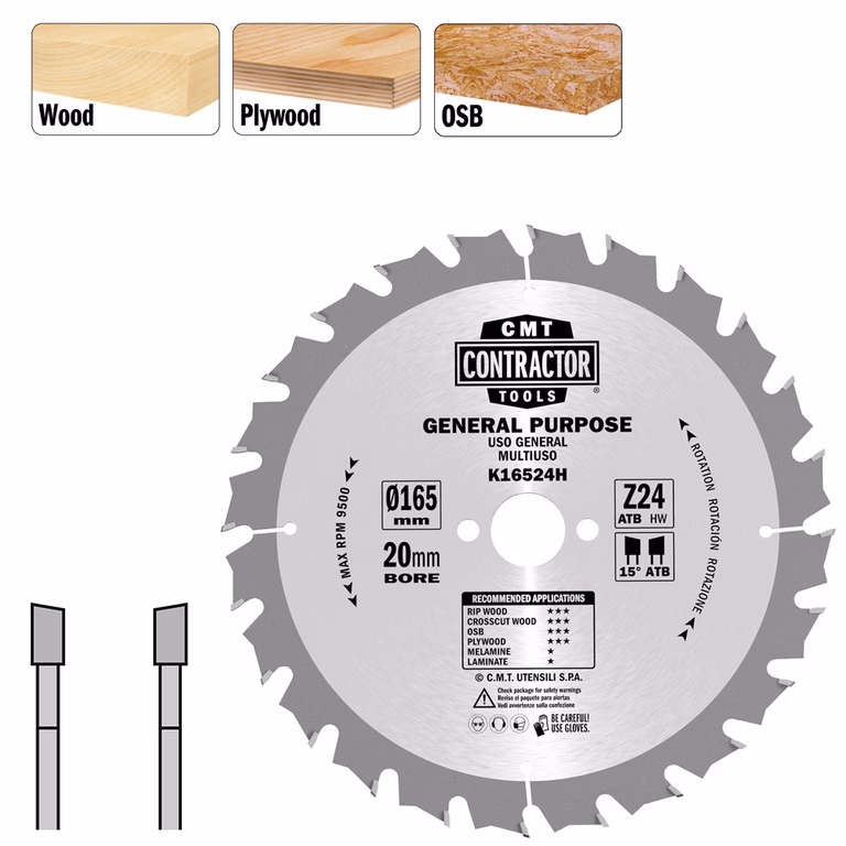 Universeel Contractor zaag met hardmetalen tanden D=165mm K=1,7mm P=1,1mm Z24 · K16524H