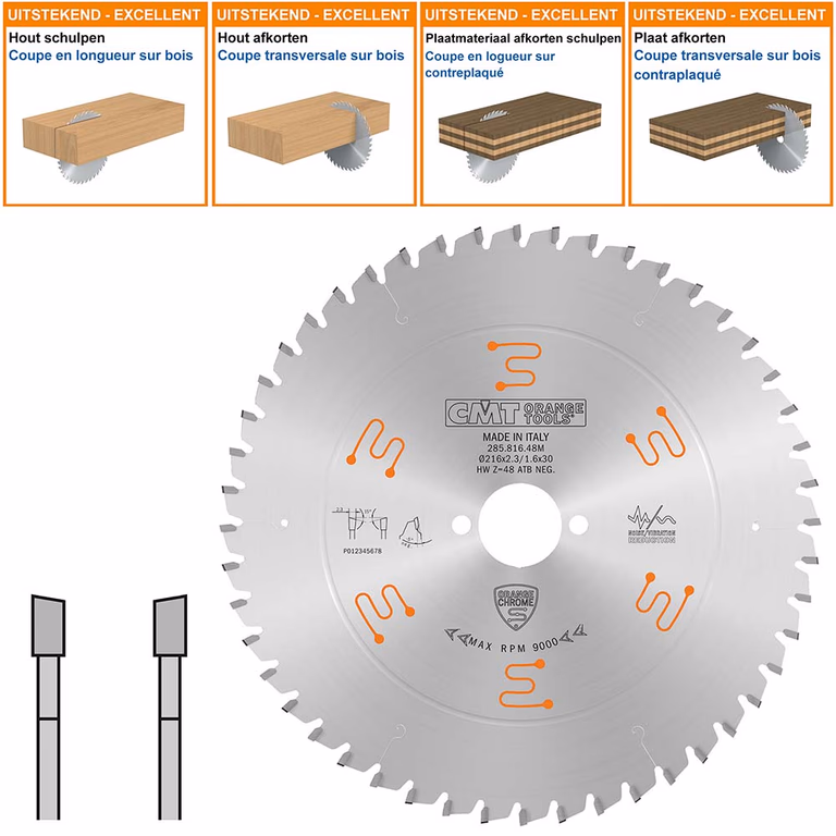 Geluidsarme HW cirkelzaag geschikt voor hout D=216mm K=2,3mm P=1,6mm Z48