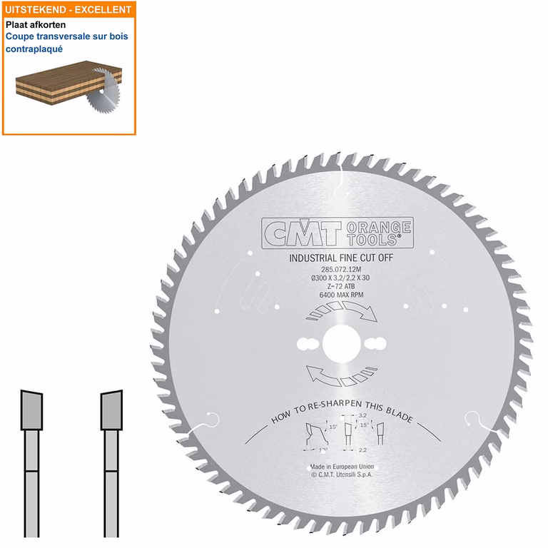 Afkortzaag met hardmetalen tanden geschikt voor hout D=300mm K=3,2mm P=2,2mm Z72 · 285.072.12M