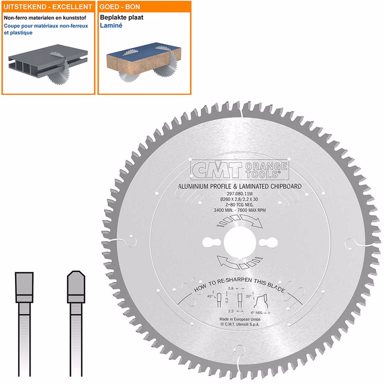 Cirkelzaag voor non-ferro metalen en harde materialen D=260mm K=3,2mm P=2,5mm Z80