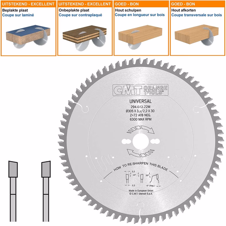 Afkortzaag met hardmetalen tanden geschikt voor hout D=305mm K=3,2mm P=2,2mm Z72 · 294.072.22M