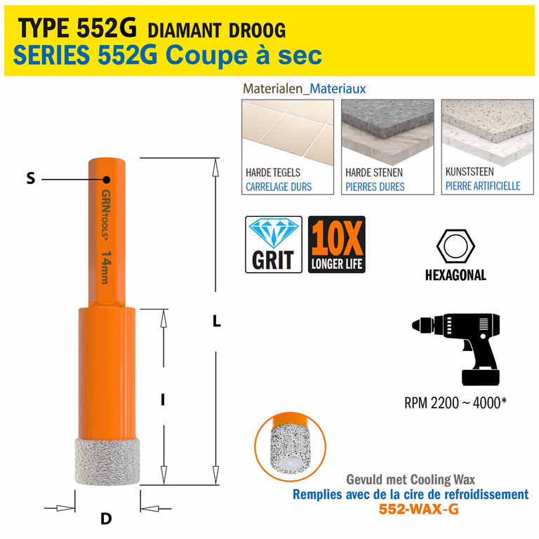 Gatzaag voor extreem harde materialen D=14mm S=Hexagonaal L=68mm I=40mm