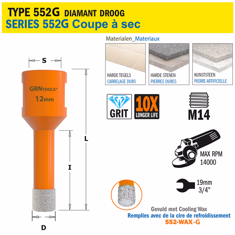 Gatzaag voor extreem harde materialen D=12mm S=M14 L=60mm I=40mm