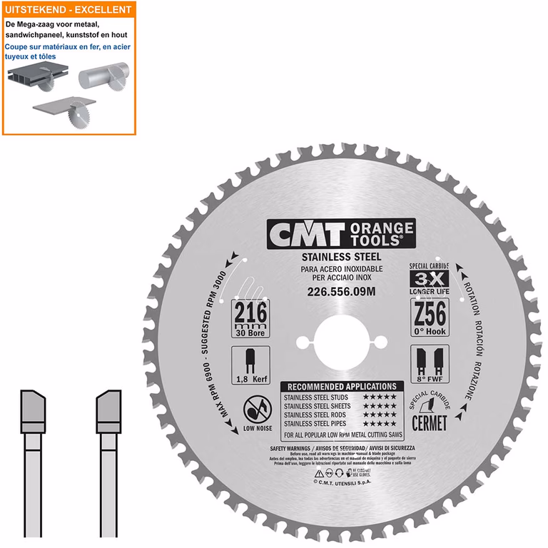 Hard metaal zaagblad voor roestvast staal D=216mm B=30mm K=1,8mm Z56