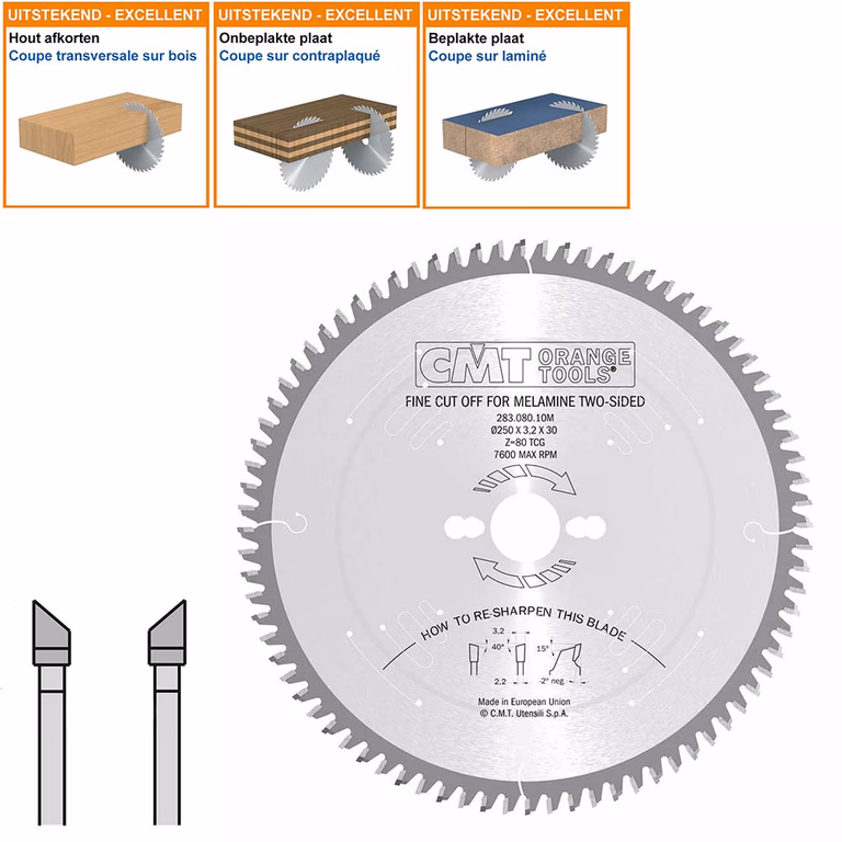 Hardmetalen zaagblad voor platen met fijne afwerking D=250mm K=3,2mm P=2,2mm Z80