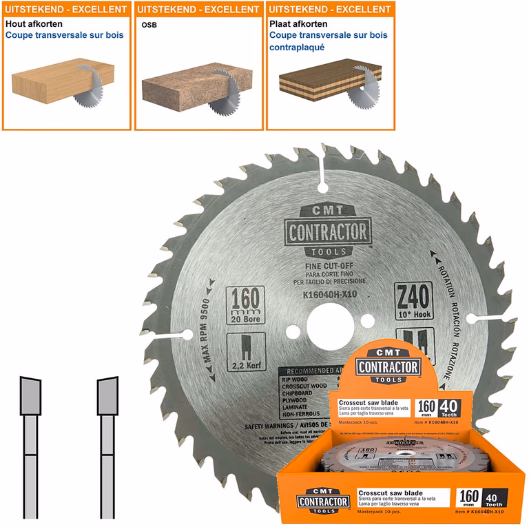 Universeel Contractor zaag met hardmetalen tanden D=160mm K=2,2mm P=1,4mm Z40 · K16040H-X10