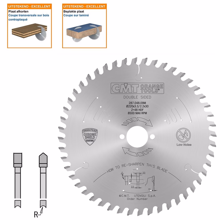 Hol/Dak platenzaag voor tweezijde afwerking D=220mm B=30mm K=3,3mm Z48