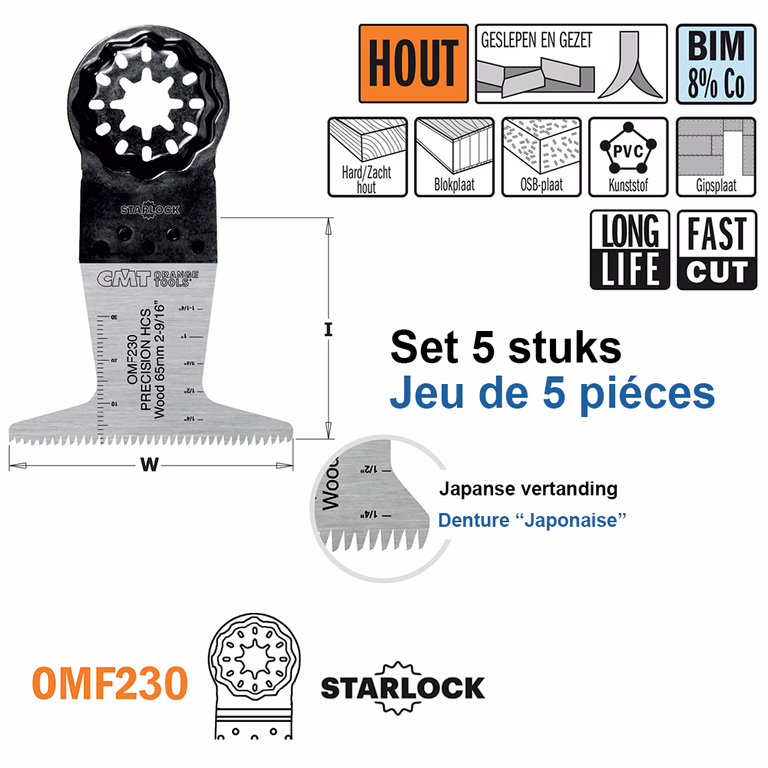 Multitoolzaagblad (Japanse vertanding) voor hout, 65mm I=50mm · OMF230-X5