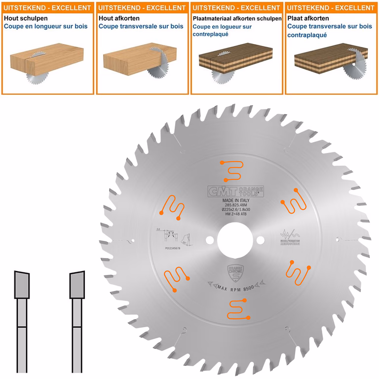 Geluidsarme HW cirkelzaag geschikt voor hout D=225mm B=30mm