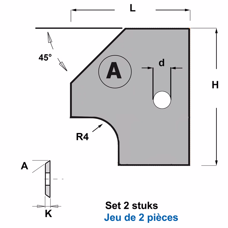 Profielmessen voor verstelbare afrond-/afschuinfrees A4 L=20mm K=2mm