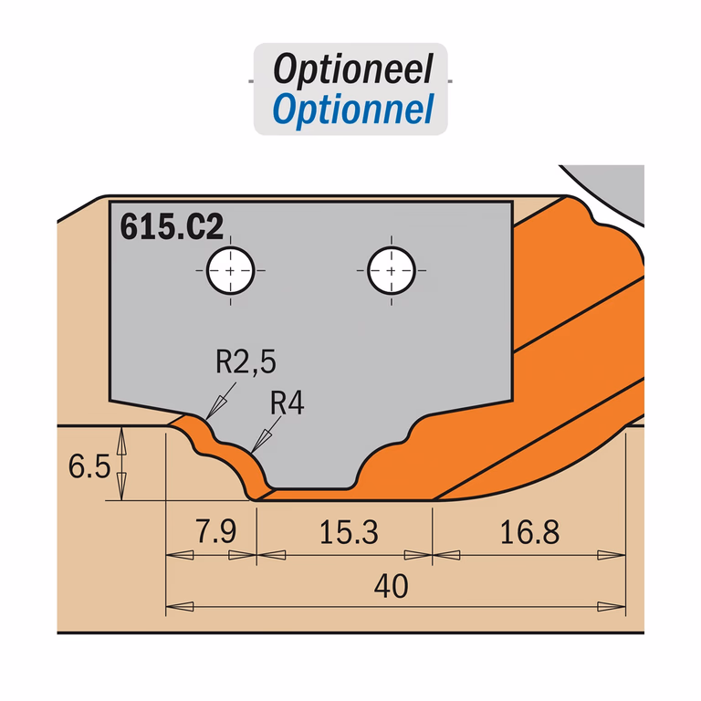 Profielmes voor profielfrees type C2 K=2mm R=2,5mm