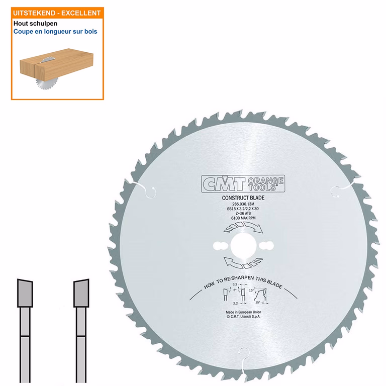 Schulpzaag met hardmetalen tanden voor hout D=315mm K=3,2mm P=2,2mm Z36
