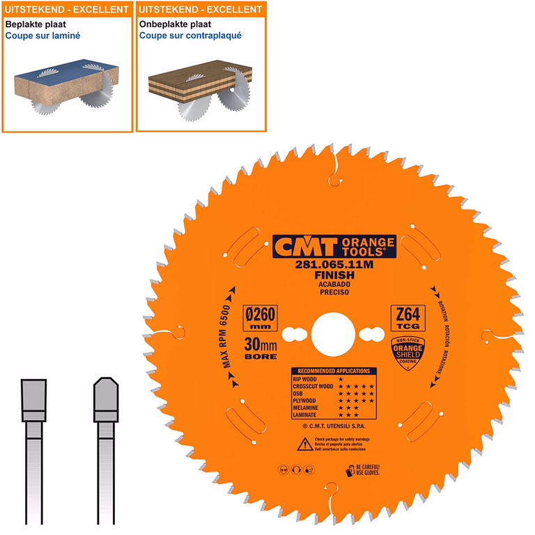 Plaat- en kunststof zaagblad met hardmetalen tanden D=260mm K=2,5mm P=1,8mm Z64