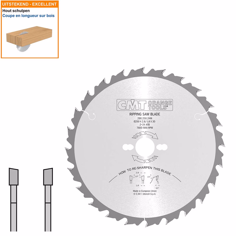 Schulpzaag met hardmetalen tanden voor hout D=250mm K=2,8mm P=1,8mm Z24