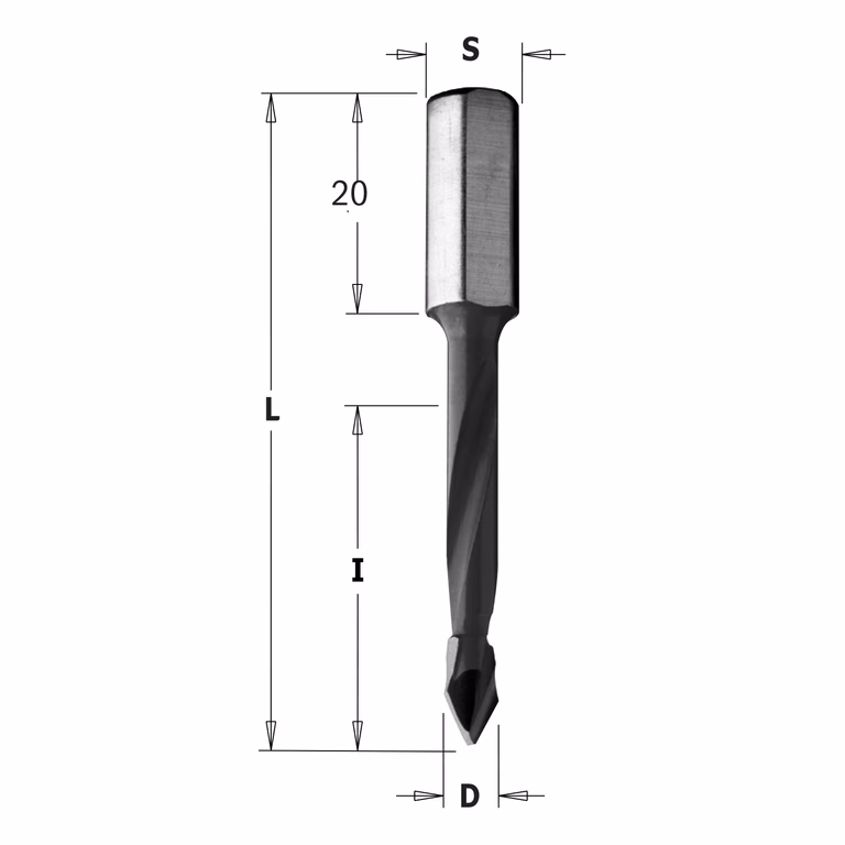 Spitse drevelboor, rechts D=5mm L=56mm L1=20mm I=30mm