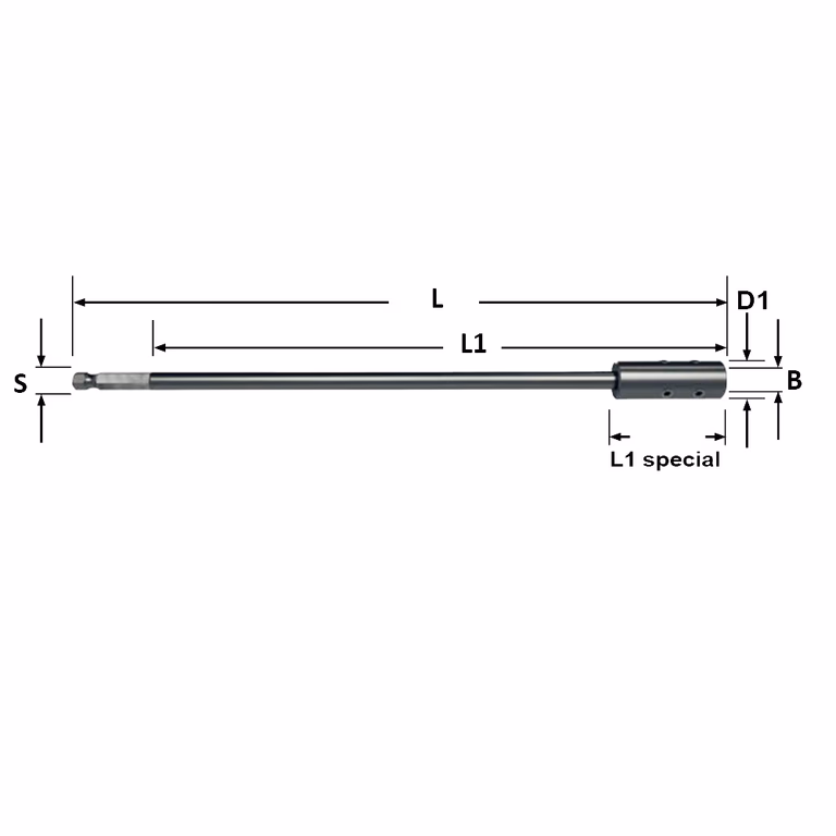 Verlengstuk met zeskant-schacht aansluiting B=10mm L1=290mm