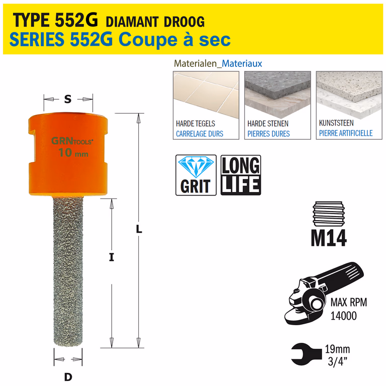 Gatzaag voor extreem harde materialen D=10mm S=M14 L=75mm I=50mm