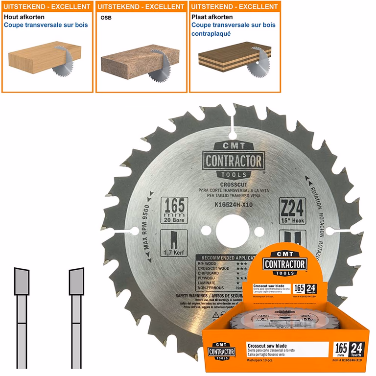 Universeel Contractor zaag met hardmetalen tanden D=165mm K=1,7mm P=1,1mm Z24 · K16524H-X10