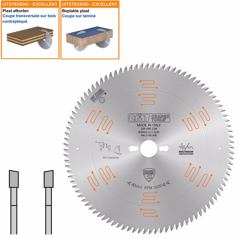 Geluidsarme HW afkortzaag geschikt voor hout D=300mm K=3,2mm P=2,2mm Z96