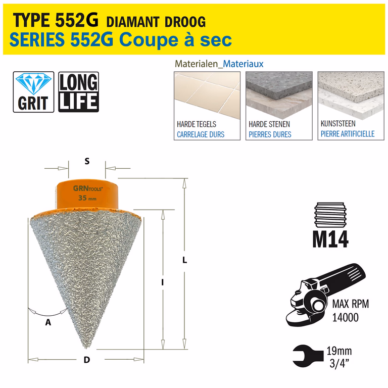Gatzaag voor extreem harde materialen D=35mm S=M14 L=50mm I=43mm