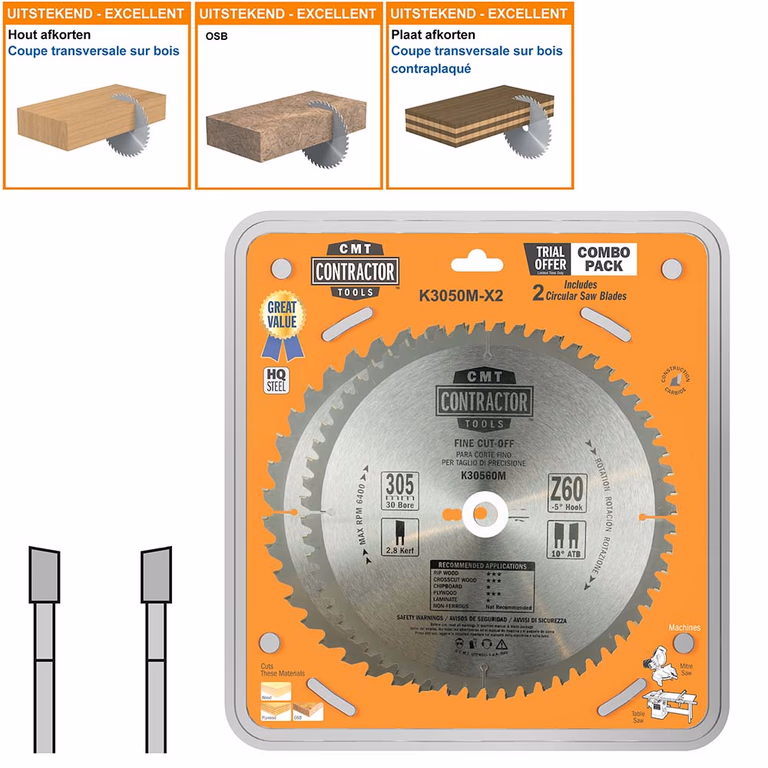 Set van universele HW zaagbladen (contractor) D=305mm P=1,8mm Z40 x