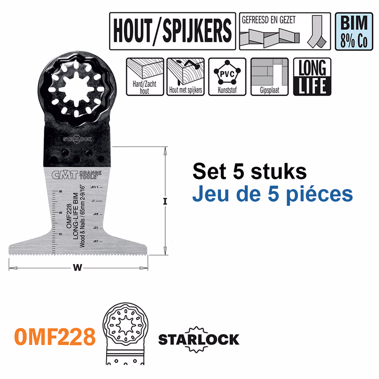Multitoolzaagblad voor hout met spijkers, 65mm · OMF228-X5