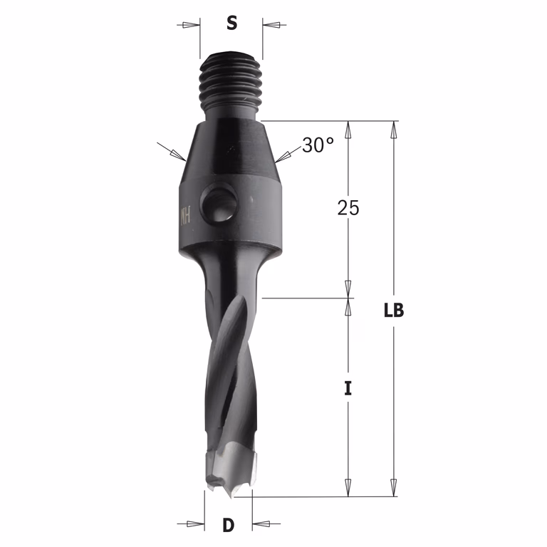 Drevelboor met centreerconus 30°, rechts D=10mm LB=55mm I=30mm