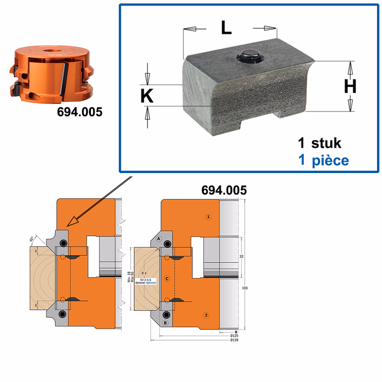 Spanblok voor profielmes L=17mm K=11mm H=9,5mm