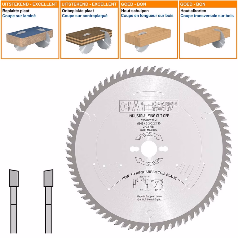 Afkortzaag met hardmetalen tanden geschikt voor hout D=305mm K=3,2mm P=2,2mm Z72 · 285.072.22M