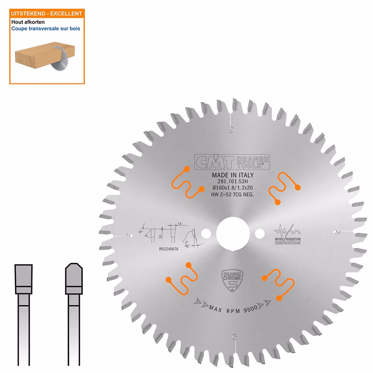 Plaat- en kunststof zaagblad met hardmetalen tanden D=160mm B=20mm P=1,2mm Z52