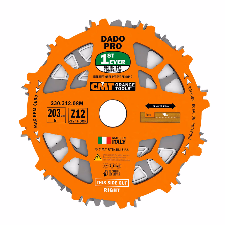 Verstelbare groefzagenset DADO met HW tanden D=203mm B=15,87mm Z12