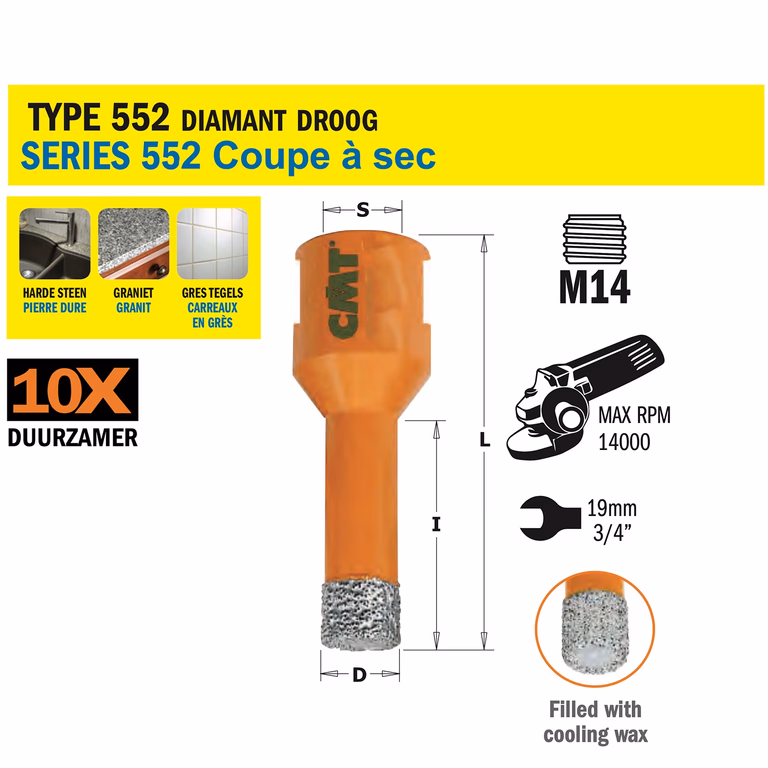 Gatzaag voor extreem harde materialen D=16mm S=M14 L=60mm I=35mm